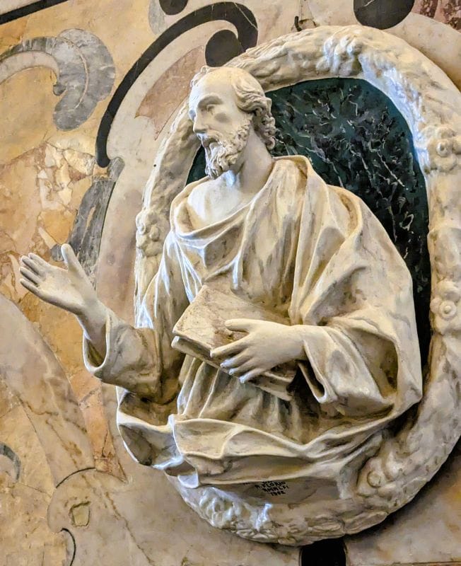 The Beautiful Cathedral of Saint Andrew at Amalfi  4 Sculpture assumed to be of Saint Andrew at the Cathedral of Saint Andrew the Apostle at Amalfi. Photo from FoxRVTravel article Cathedral of Saint Andrew the Apostle at Amalfi.