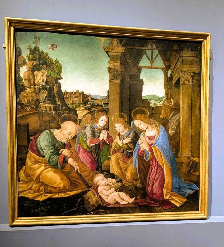Renaissance paintings at the Gallery of the Academy 7 Adoration of the Child Two Angels and Saint Joseph by Lorenzo di Credi Tempera on wooden panel, circa 1490 Photo from FoxRVTravel article "Renaissance paintings at the Gallery of the Academy"