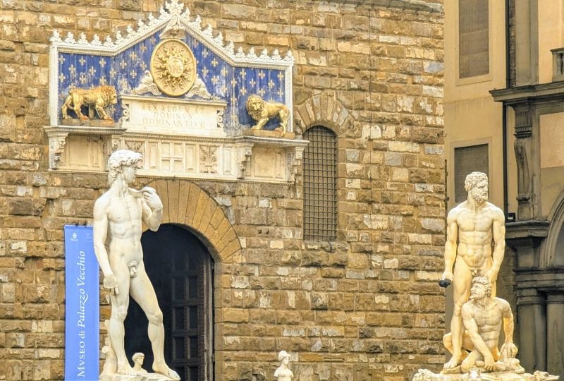 Visiting Florence is an art lesson on the streets 13 Statue of David (copy of the Michelangelo original) and Hercules and Cacus (by Baccio Bandinelli, mostly from 1525 to completion in 1534) is at the Palazzo Vecchio. Photo from FoxRVTravel article "Visiting Florence is a art lesson on the streets"