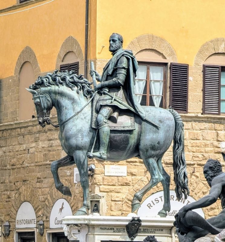 Visiting Florence is an art lesson on the streets 17 The Equestrian Monument of Cosimo I is a bronze equestrian statue by Giambologna from 1587 to 1594. Photo from FoxRVTravel article "Visiting Florence is a art lesson on the streets"