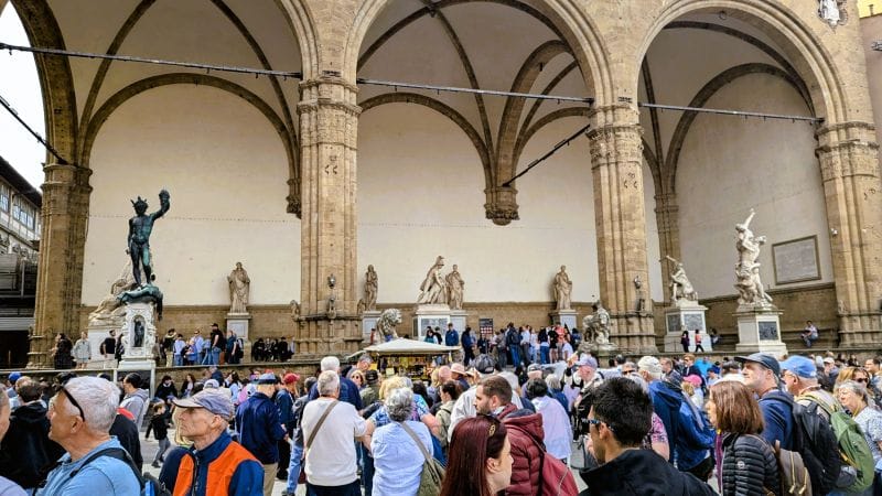 Visiting Florence is an art lesson on the streets 15 The Loggia dei Lanzi, also called the Loggia della Signoria, is a building on a corner of the Piazza della Signoria in Florence, Italy, adjoining the Uffizi Gallery. Photo from FoxRVTravel article "Visiting Florence is a art lesson on the streets"