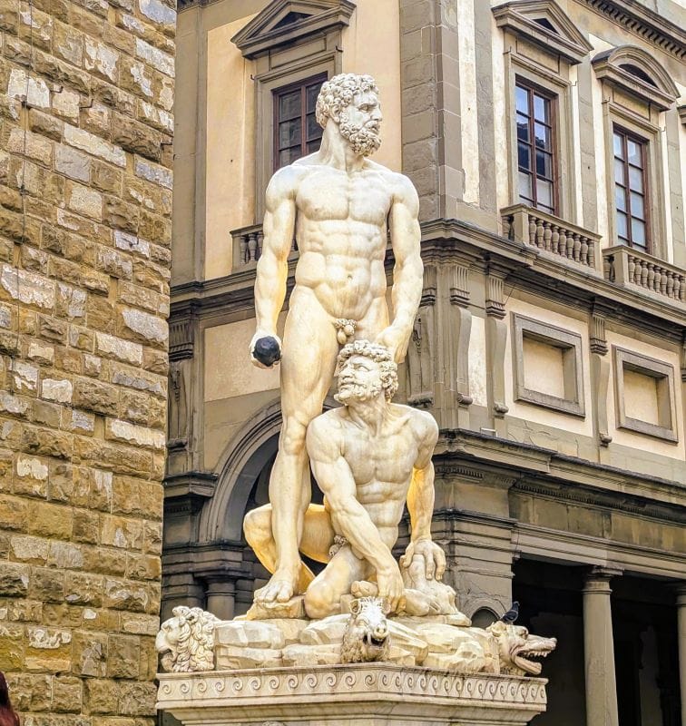 Visiting Florence is an art lesson on the streets 14 Hercules and Cacus is an Italian Renaissance sculpture in marble to the right of the entrance of the Palazzo Vecchio Photo from FoxRVTravel article "Visiting Florence is a art lesson on the streets"