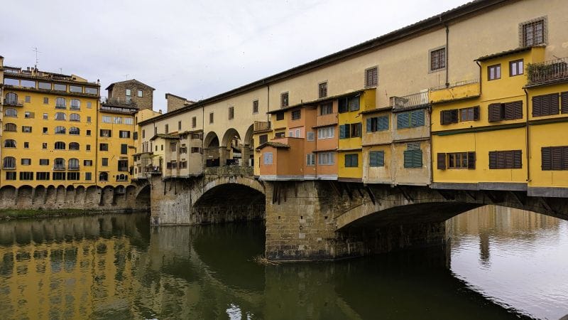 Visiting Florence is an art lesson on the streets 9 The Ponte Vecchio is a medieval stone closed-spandrel segmental arch bridge over the Arno, in Florence. Photo from FoxRVTravel article "Visiting Florence is a art lesson on the streets"