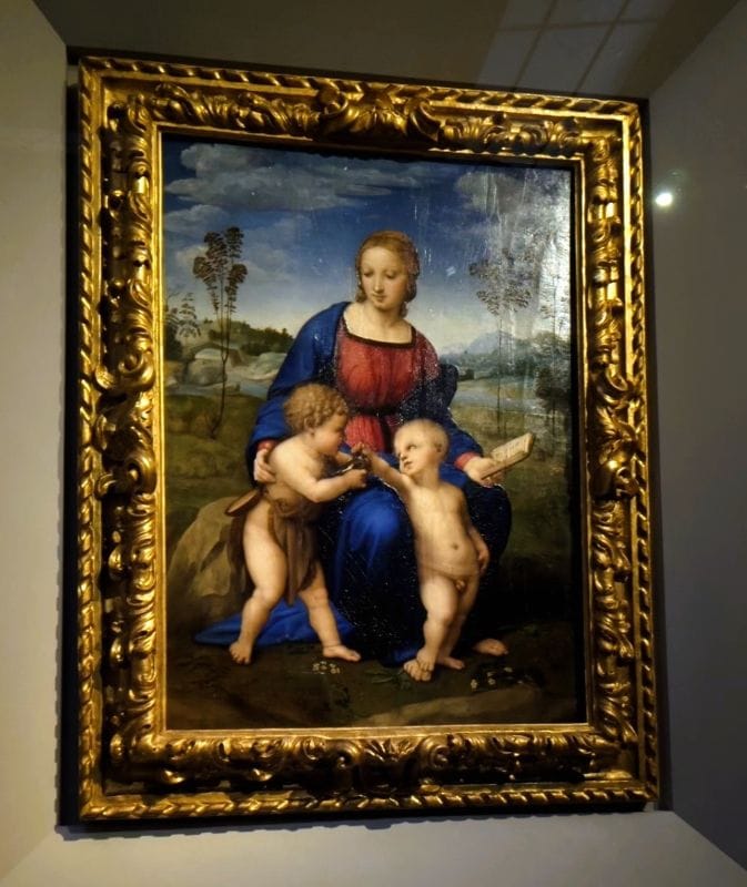 Raffaello Sanzio (Urbino 1483 – Roma 1520) Madonna and Child with the Young St. John the Baptist "Madonna of the Goldfinch" C. 1505 - 1506 Oil on wood panel Photo from FoxRVTravel article "Masterpiece paintings at the Uffizi Gallery" 