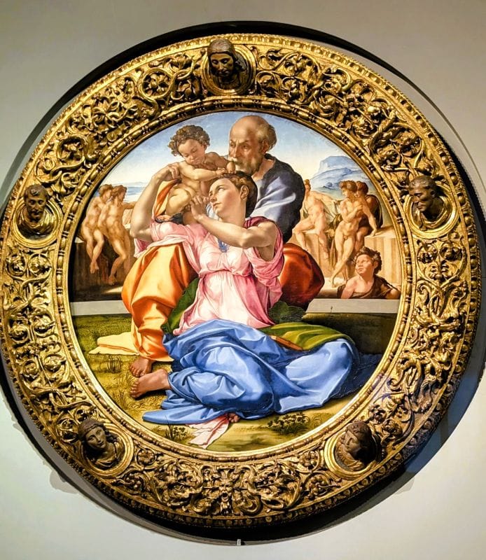 Michelangelo Buonarroti (1475-1564) Holy Family with the Young St. John the Baptist "Doni Tondo" 1505 - 1507 circa tempera grassa on wood panel Doni Madonna is the only finished panel painting by the mature Michelangelo to survive. Also the only existing panel picture Michelangelo painted without the aid of assistants Photo from FoxRVTravel article "Masterpiece paintings at the Uffizi Gallery" 