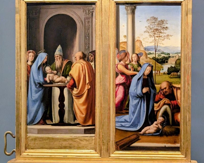 Fra Bartolomeo 1473 - 1517 Adoration of the Christ Child, Presentation in the Temple (front), Archangel Gabriel, Virgin Annunciate (back) "Del Pugliese Tabernacle" C. 1497 - 1499 Oil on wood panel Photo from FoxRVTravel article "Masterpiece paintings at the Uffizi Gallery" 