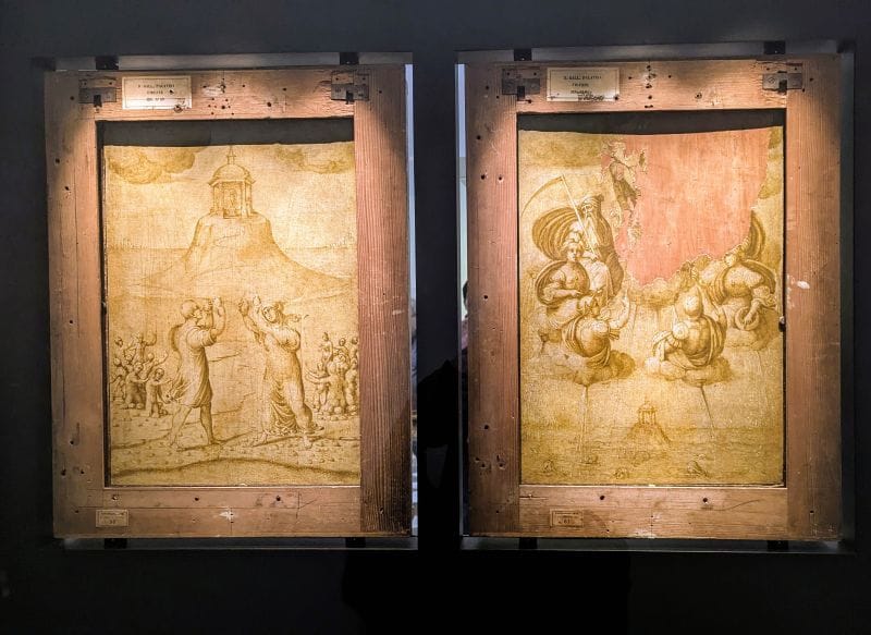 Maestro di Serumido the Flood and Deucalion and Pyrrha on the reverse side of Raffaello Portraits of Agnolo Doni and Maddalena Strozzi Photo from FoxRVTravel article "Masterpiece paintings at the Uffizi Gallery" 