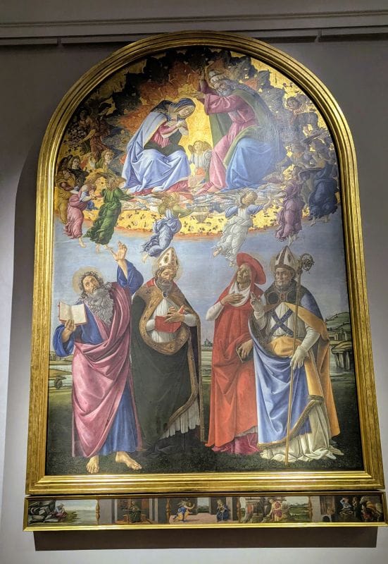 Alessandro di Mariano Filipepi , known as Sandro Botticelli 1445-1510 Coronation of the Virgin with Angels and St. John the Evangelist, St. Augustine. St. Jerome and St. Eligius. St. John the Evangelist on Patmos; St. Augustine in his Study, the Annunciation, the Penitent St. Jerome and the Miracle of St. Eligius (in the predella) c. 1489-90 Tempera on wood Photo from FoxRVTravel article "Masterpiece paintings at the Uffizi Gallery" 
