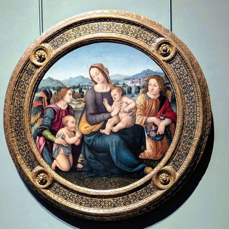 Lorenzo di Credi 1459 - 1537 Madonna and Child with the Young St. John the Baptist and Angels c. 1500-20 Tempera on wood Photo from FoxRVTravel article "Masterpiece paintings at the Uffizi Gallery" 