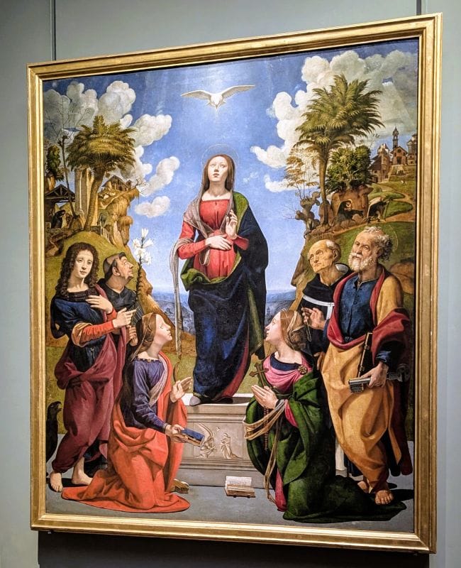 Piero di Cosimo (Florence 1462 - 1522) Incarnation of Christ Before St. Catherine of Alexandria, St. John the Evangelist, St. Philip Benizi, St. Antoninus the Archbishop, St. Peter and St. Margaret 1500-1505 Oil on wood Photo from FoxRVTravel article "Masterpiece paintings at the Uffizi Gallery" 