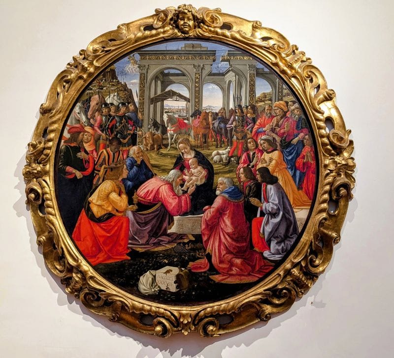 Domenico di Tommaso Curradi di Doffo Bigordi known as Domenico Ghirlandaio Adoration of the Magi 1487 Tempera on wood.Photo from FoxRVTravel article "Masterpiece paintings at the Uffizi Gallery" 