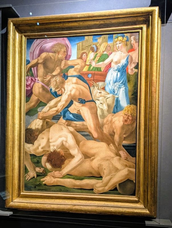 Giovanni Battista di Jacopo Rosso Fiorentino Moses Defending the Daughters of Jethro C. 1523 oil on canvas Photo from FoxRVTravel article "Masterpiece paintings at the Uffizi Gallery" 