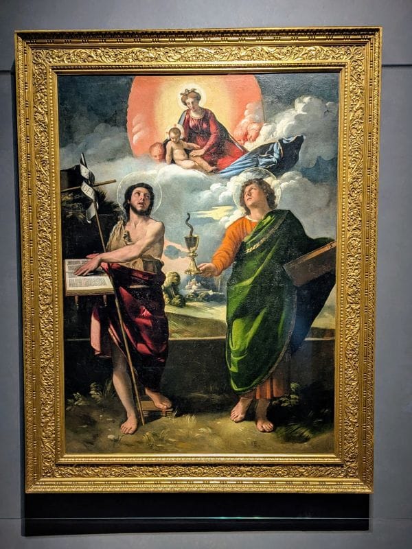 Giovanni di Niccolò Luteri, known as Dosso Dossi The Virgin Appears to Saints John the Baptist and John the Evangelist C. 1520-1524 oil on panel transferred to canvas Photo from FoxRVTravel article "Masterpiece paintings at the Uffizi Gallery" 