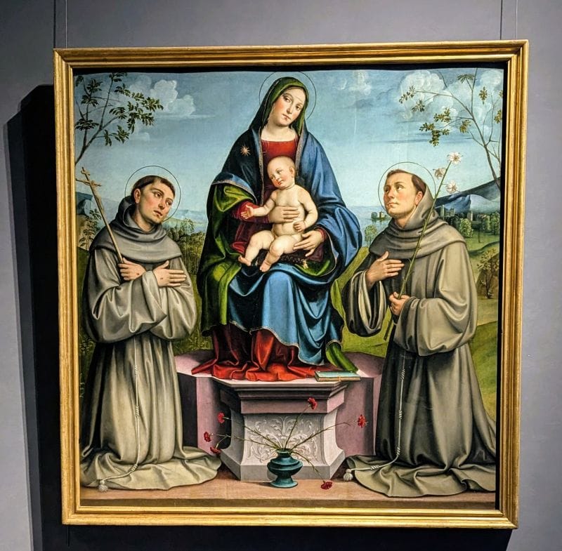 Francesco Francia Madonna and Child Enthroned with Saint Francis and Saint Anthony of Padua C. 1500-1502 oil on panel Photo from FoxRVTravel article "Masterpiece paintings at the Uffizi Gallery" 