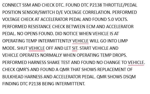 Our car quit at the worse possible time. 5 Technicians report on his diagnostic information. The code from the Vehicle Control Unit. He also found the correct 5 volts at the accelerator. He performed a check of the harness and found noting wrong with the harness.
