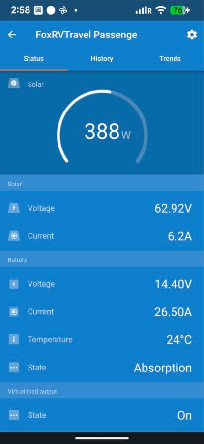 How to Interpret Victron Battery State of Charge and Solar Charging Data. 4 My passenger side solar controller showing 388 watts coming from the panels. The total network power information which is critical to understand how your solar array is working is not being displayed on this controller.
