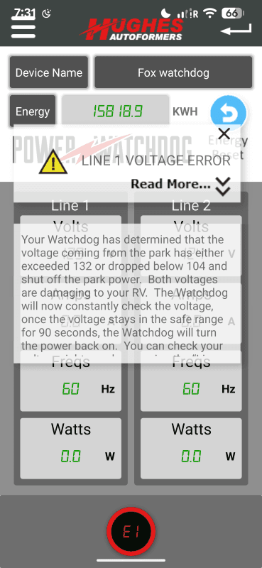 When our Hughes Power Watchdog shuts the power off for high or low voltage this is the screen you get. The power has to be with in the correct range for 90 seconds before the power reconnects.