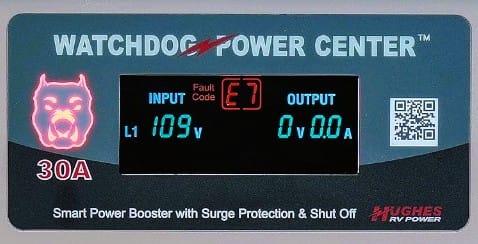 A 30 amp Watchdog Powercenter showing a E7 fault. The EPO function of the Powercenter has shut off the output to the RV.