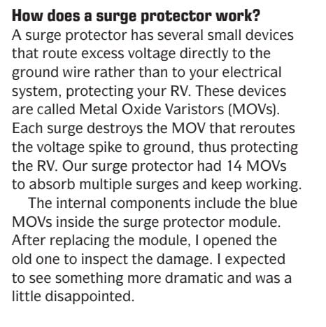 Escapees Magazine published the article about our surge protector. 9 A photo of Escapees Magazine Article about our surge protector .