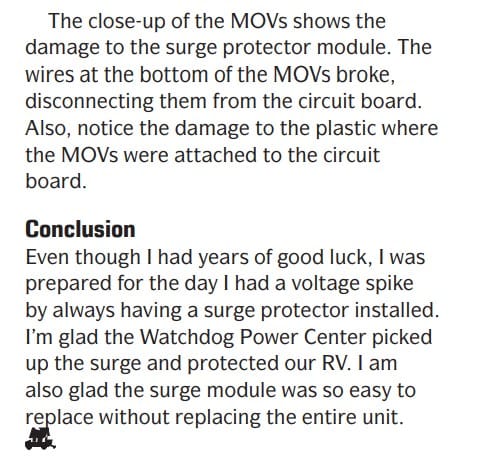 Escapees Magazine published the article about our surge protector. 20 A photo of Escapees Magazine Article about our surge protector .