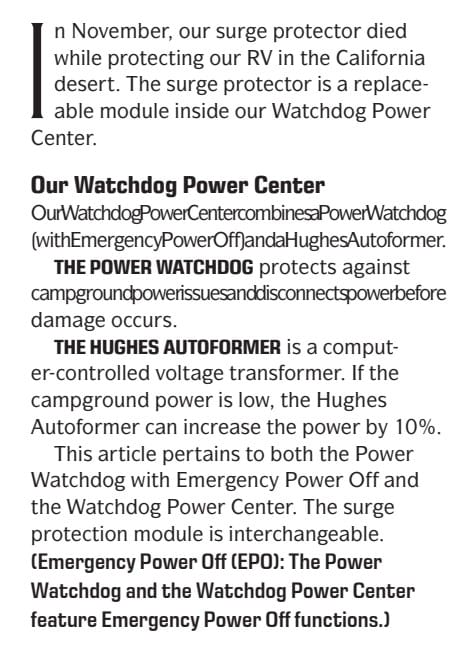 Escapees Magazine published the article about our surge protector. 4 A photo of Escapees Magazine Article about our surge protector .