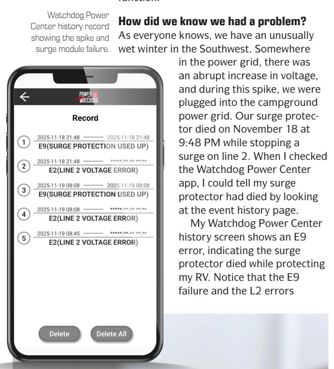 Escapees Magazine published the article about our surge protector. 10 A photo of Escapees Magazine Article about our surge protector .