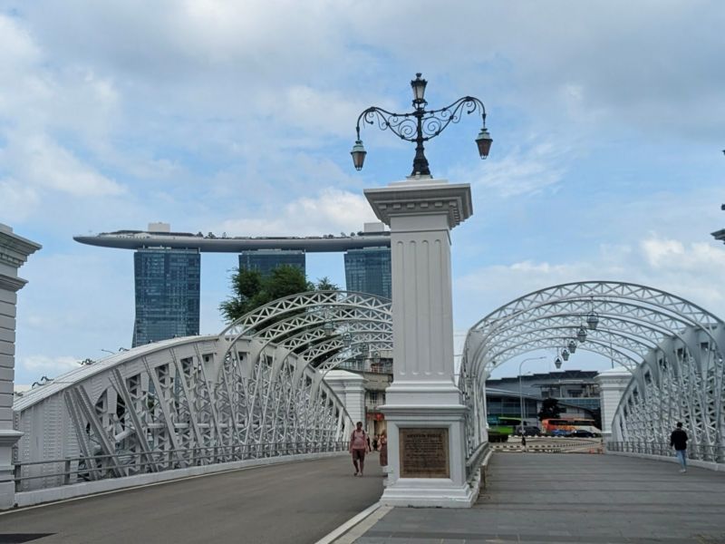 Looking across the Anderson Bridge towards the Marina Bay Hotel and Casino in Singapore.