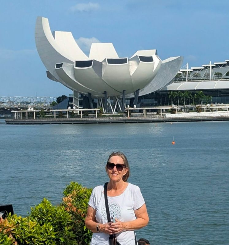 Tami with a view of the Art and Science Museum in Singapore.