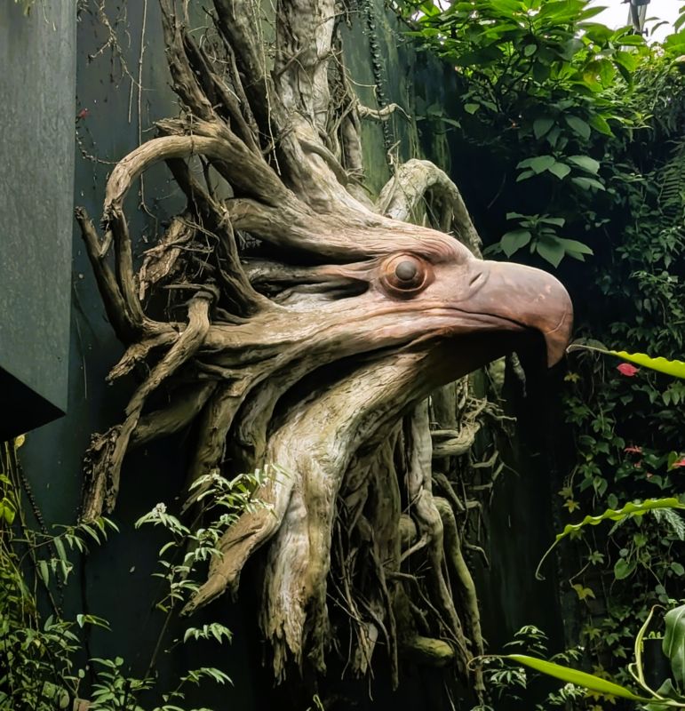 An Eagle carved from a stump at the Singapore Botanic Garden Fountain.