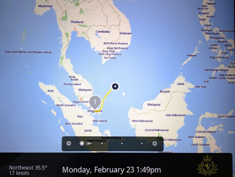 Each morning we turn on our television for our current location. This was taken the morning after we left Singapore heading to Hong Kong.