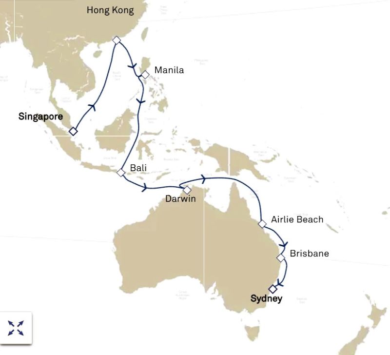 Our route starting in Singapore then north to Hong Kong only to turn back south stopping in Bali and multiple ports in Australia.