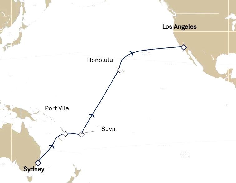 There is not much land between Sydney to Los Angeles. This was a 20 day stretch with only 3 ports. It was a long way the last time I did this route. It is still a lot of water.