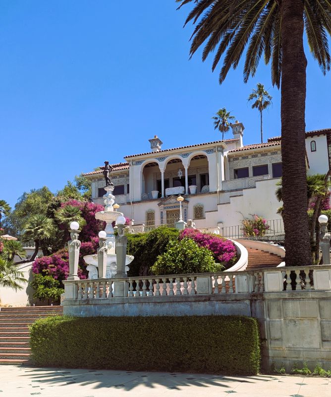 This is a view of the Hearst Castle's guest house. It is flanked by two staircases leading to the guest house.