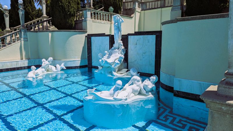 These statues are at one end of the pool at the Hearst Castle. The walls and staircases form a grotto like home for these statues