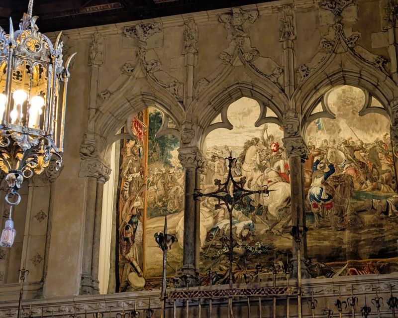 This tapestry is located above the main dining room at the Hearst Castle. It shows a battle scene. We saw a very similar tapestry in Europe called Battle of the Milvian Bridge by Peter Paul Rubens.