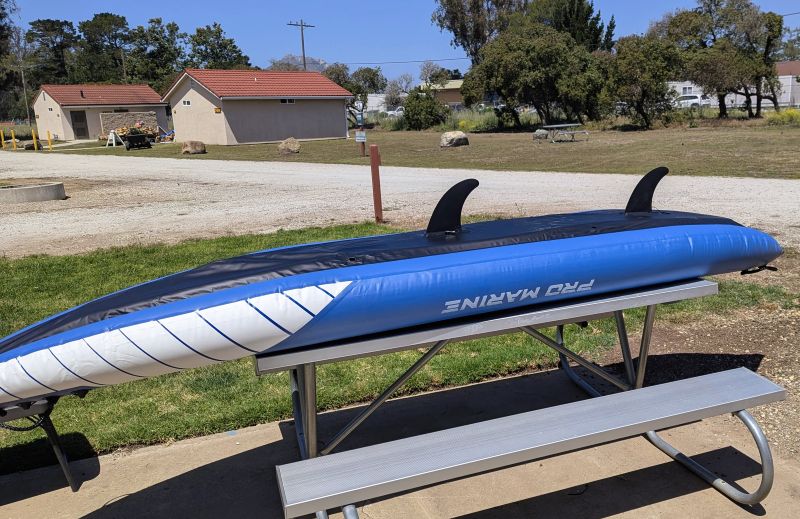 Our kayak, still partially inflated with the skegs attached upside down. If you are going to use a skeg, you better install them before the kayaks are fully inflated.