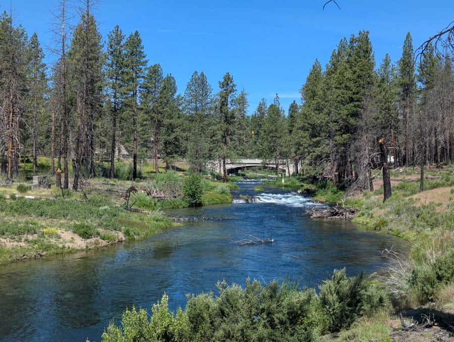 Crossing eastern Oregon in 2026 before the summer heat. 9 Looking west up Spring Creek at the bridge on Highway 97 next to Collier Memorial State Park.