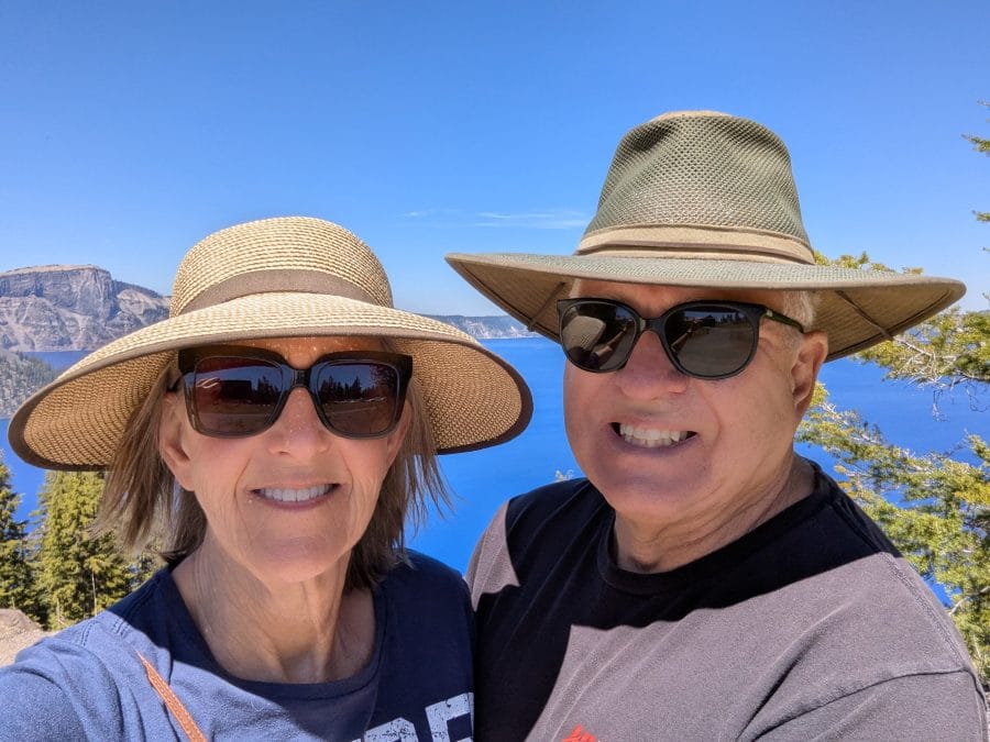 Crossing eastern Oregon in 2026 before the summer heat. 2 Scott and Tami overlooking Crater Lake in eastern Oregon.