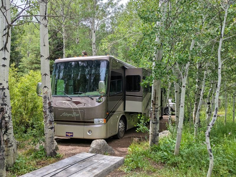 Winter started at the end of June. 3 After trimming our way in to our campsite at the North Fork Campground this is what it looked like. We pulled in with the nose of the RV at the front of the site in this Aspen Grove. After winter started, it looked much the same except everything was very wet.