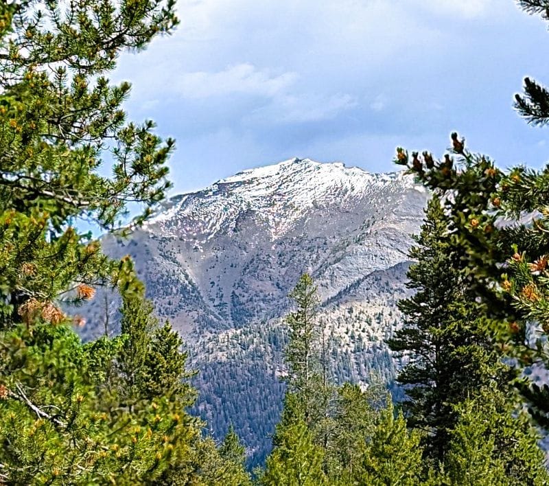 This was the view of the recent snow on top of the mountain from our boondocking spot in the Sawtooth Mountains.