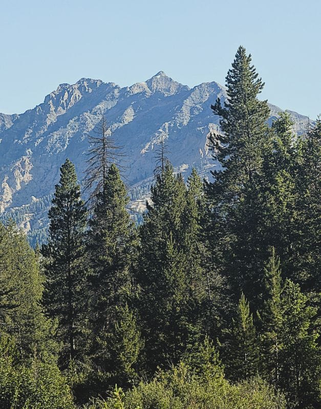 View of the Sawtooth Mountains near our boondocking spot north of Ketchum. The high peak may be Silver Peak.