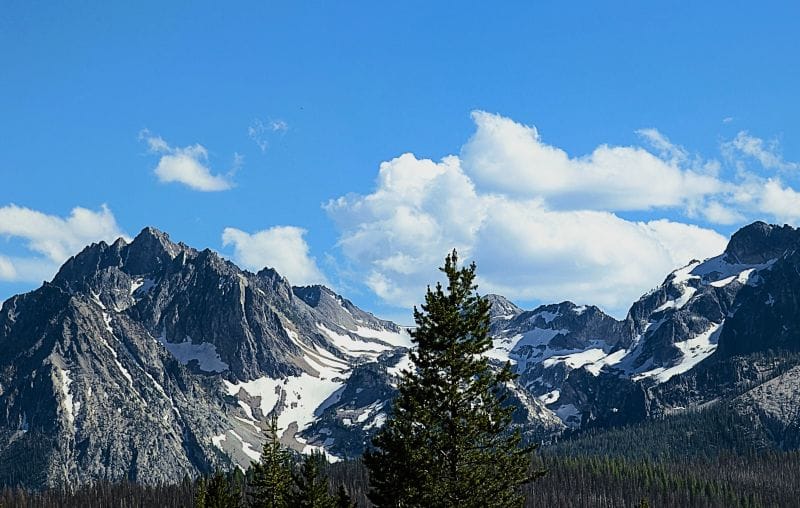 Boondocking with our new batteries after our generator died. 27 The Sawtooth Mountains near Stanley are very rugged and have much more snow. This photo was taken from our campsite north of Stanley.