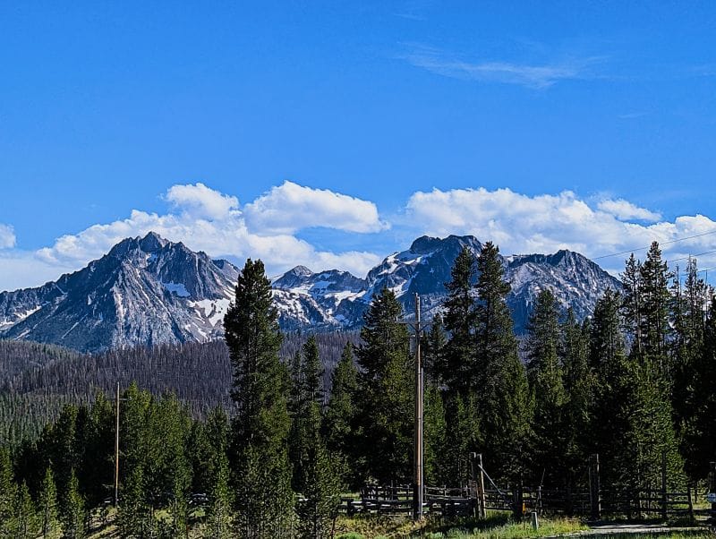Boondocking with our new batteries after our generator died. 5 The Sawtooth Mountains near Stanley are very rugged and have much more snow than the Sawtooth Mountains only about 30 miles south of here. This photo was taken from our campsite north of Stanley.