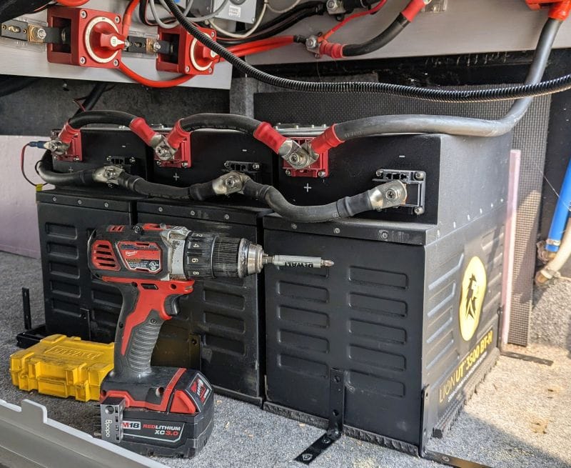 Boondocking with our new batteries after our generator died. 21 In this photo of my new batteries I am using the angle brackets to secure them to the floor.