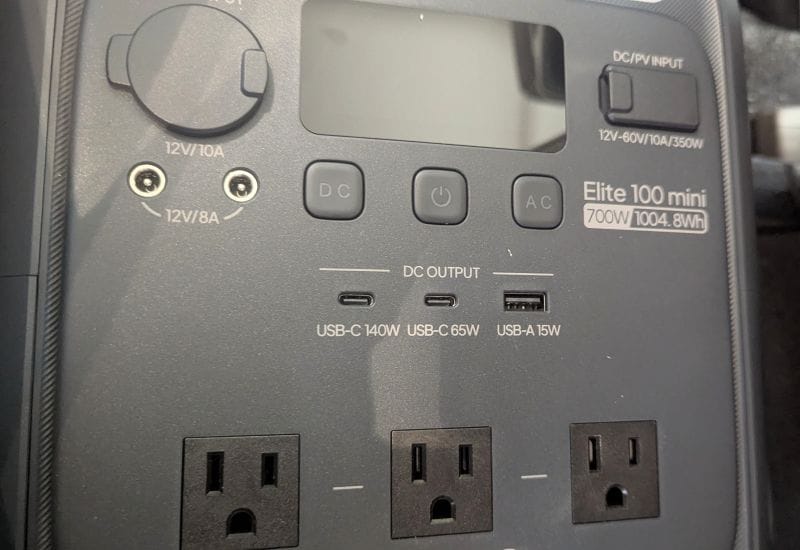 Here is a close up view of the DC USB connectors along with the general layout of the front panel. The only connector not on the front is the power cord to charge with AC.