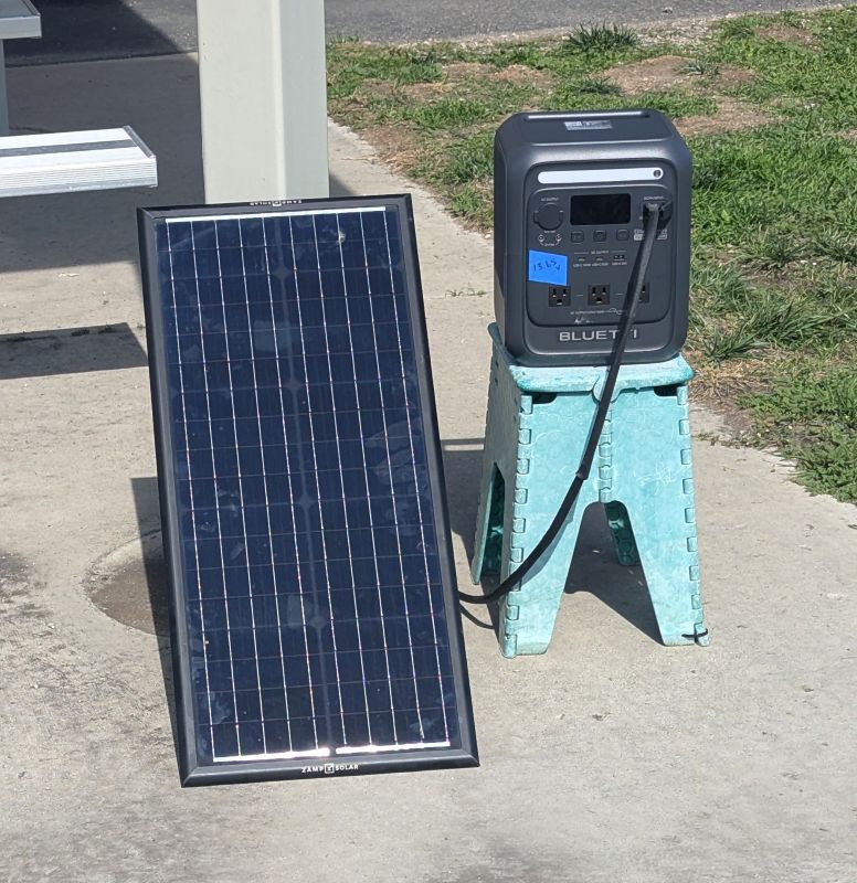 This 45 watt solar panel is charging the power station. With only 45 watts it would take a long time to charge the power station.