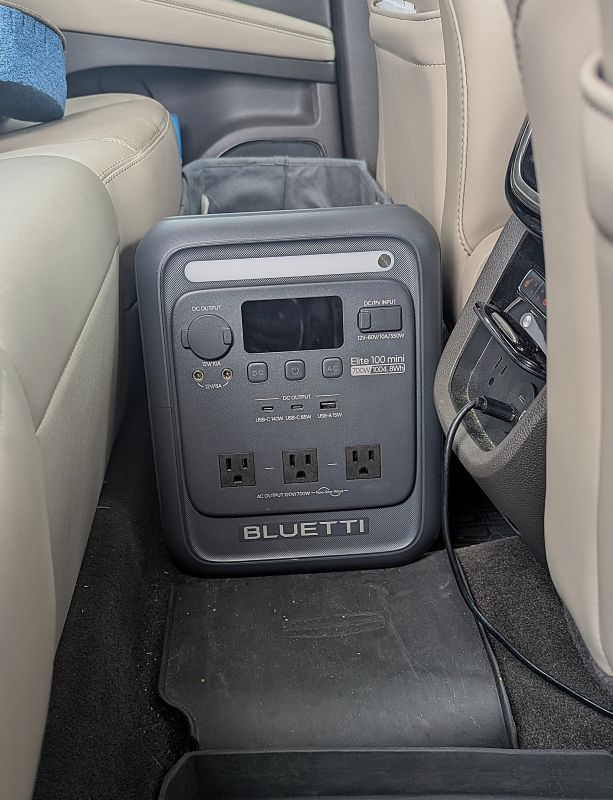 The BLUETTI Elite 100 Mini Power Station fits nicely on the floor of my back seat.