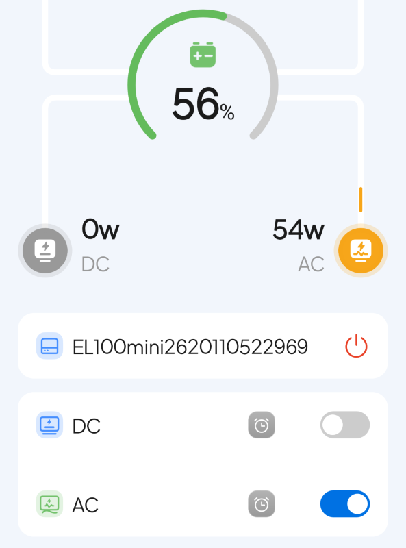 The BLUETTI Elite 10 Mini Bluetooth screen showing the inverter on and powering my refrigerator. I watched the Bluetooth screen for a long time. This is the normal everyday, 24 hour a day power consumption of my full size refrigerator.