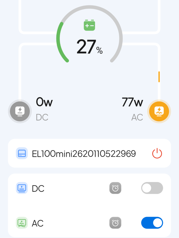 The BLUETTI Elite 10 Mini Bluetooth screen showing the inverter on and powering my refrigerator.